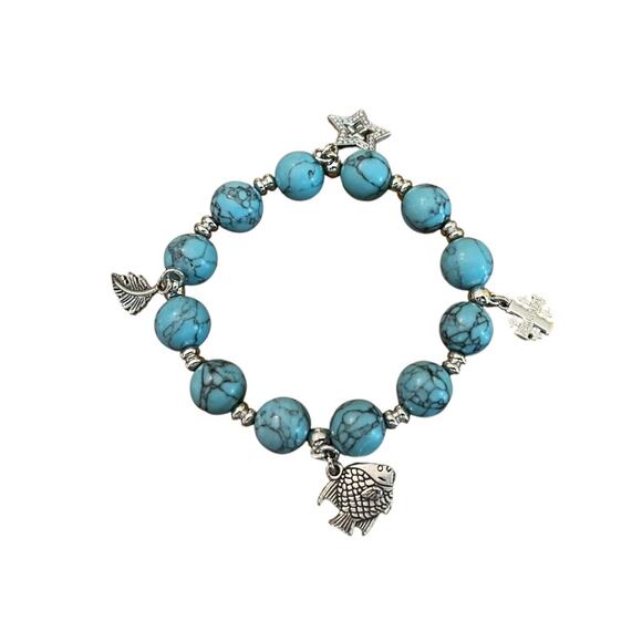 Beaded Stretch Silvertone Fish Feather Star Jerusalem Cross Bracelet Blue NWOT - Picture 8 of 12